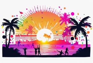 1980's miami vice style beach dance 
party, include confetti, music notes, boom box, SILHOUETTE bikinis sunset in the center tattoo idea
