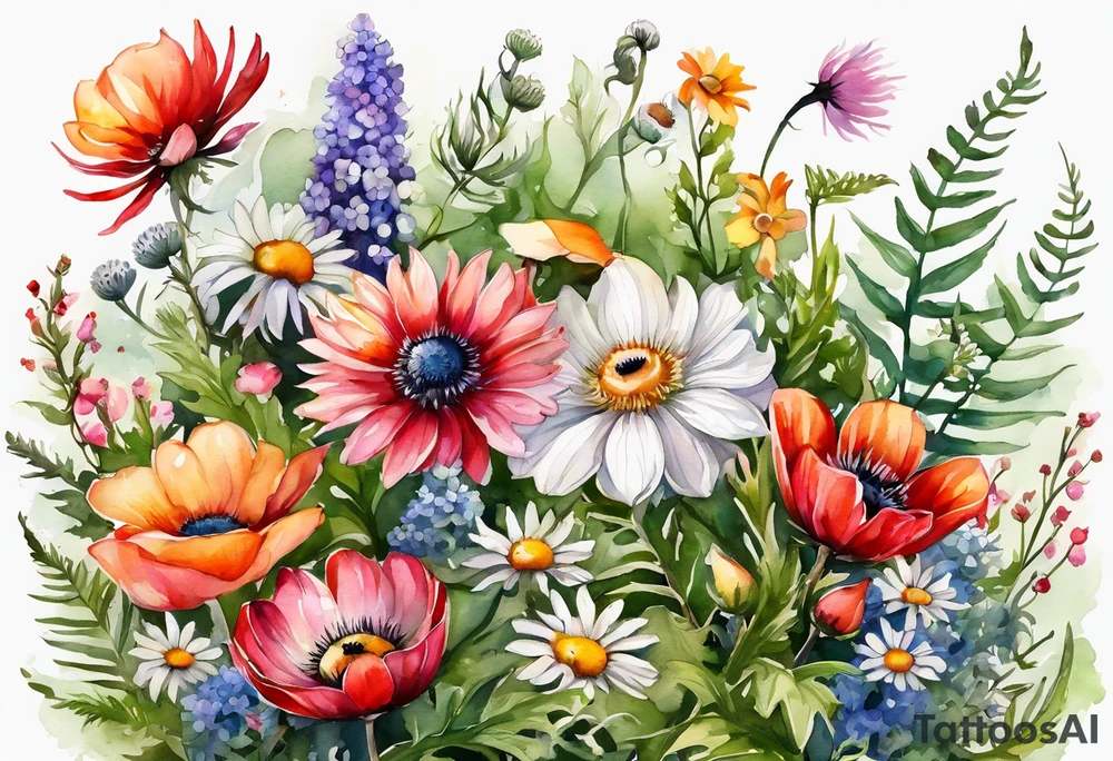 simple wildflowers cascading with thistles, ferns, white anemones, sun flowers, red flowers, pink flowers, green flowers, buttercups, orange flowers, babys breath and daisies all in watercolor tattoo idea