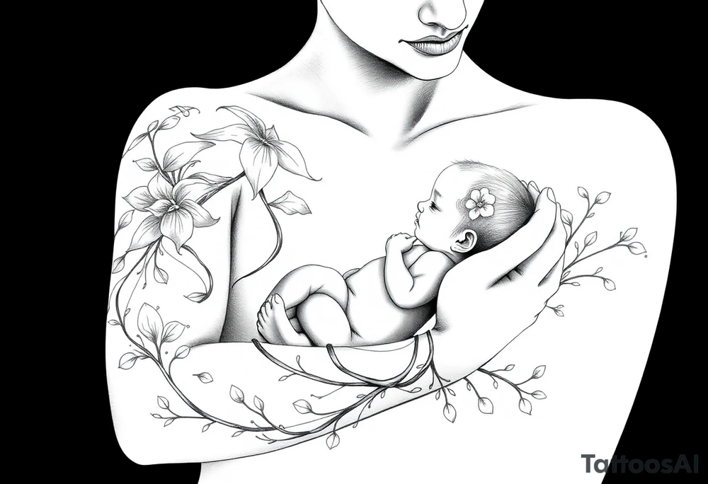 Mère assise  qui allaite son bébé, la mère à une fleur de lys sur la tête reliée au cordon ombilical du bébé et des racines d’arbre de vie. tattoo idea