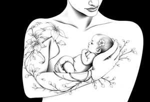 Mère assise  qui allaite son bébé, la mère à une fleur de lys sur la tête reliée au cordon ombilical du bébé et des racines d’arbre de vie. tattoo idea