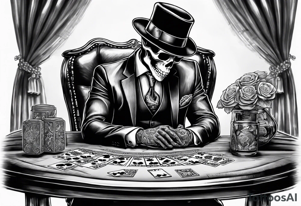 skeleton in suit, with hat, sitting at the table, holding poker tokens tattoo idea