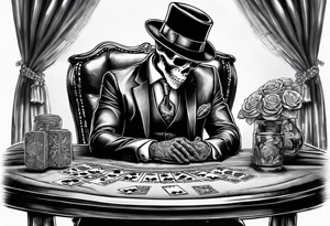 skeleton in suit, with hat, sitting at the table, holding poker tokens tattoo idea