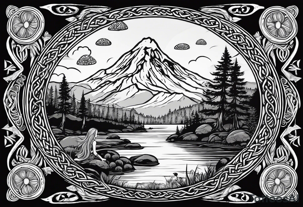 Whole picture encircled fully

Straight long blonde hair hippie girl in distance holding mushrooms in hand facing away toward mountains and creek surrounded by mushrooms long sleeve shirt and hiking pants; whole rendering within a full celtic circle border, no cut off circle tattoo idea