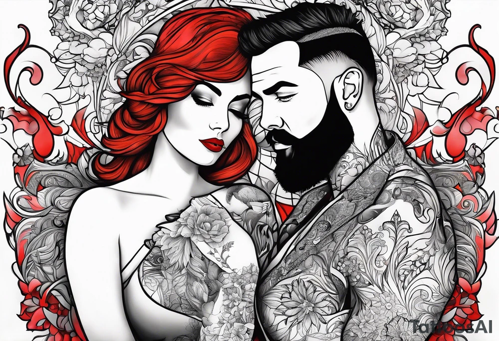 Busty Red haired woman with black haired bearded man tattoo idea