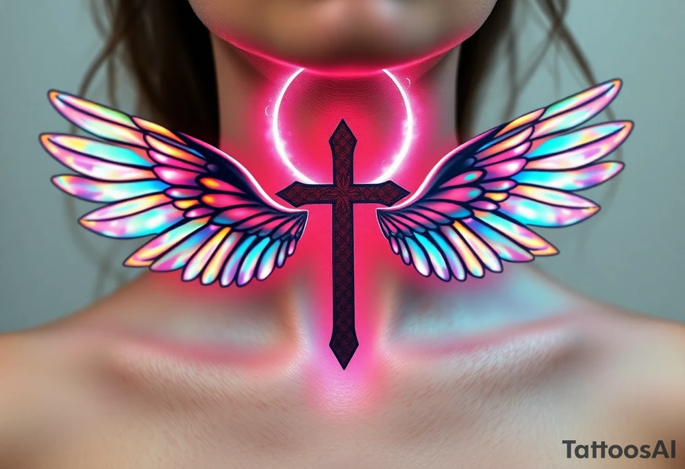 A floating cross inside a luminous halo, with iridescent wings that change colors in light tattoo idea