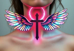 A floating cross inside a luminous halo, with iridescent wings that change colors in light tattoo idea