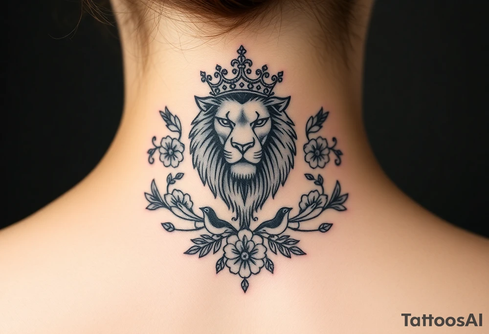 powerful majestic lion with a crown, surrounded by floral ornaments and birds tattoo idea