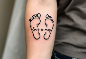 Warm, sandy beige and light green footprints of Maty name under it , with a heart-shaped outline to symbolize his love-filled steps in life. tattoo idea