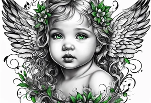 Baby angel with completely black eyes dripping with green vines everywhere tattoo idea