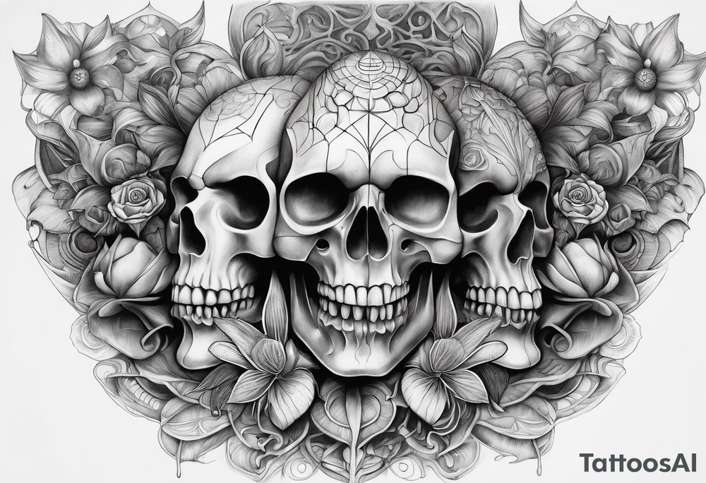 H.R. Giger mean skulls, water flow shapes, geometric shapes, flowers, using blues and fall colors tattoo idea