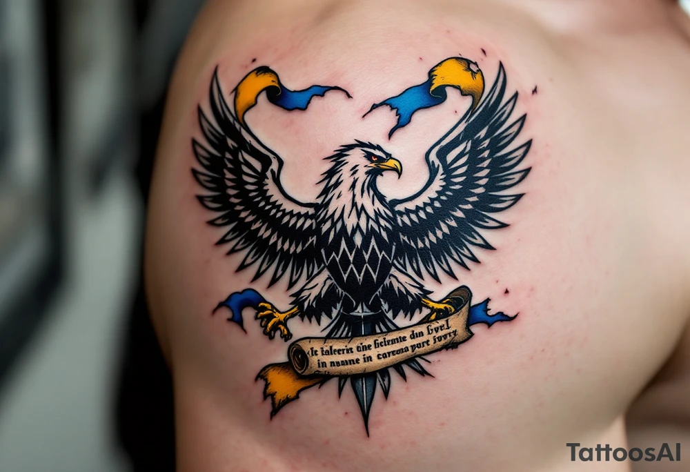 Battle-Worn Silesian Eagle with Torn Banners – A strong, battle-scarred eagle with ripped blue and yellow banners flowing behind it, representing the resilience of Silesia. The eagle's claws clutch an old sword or a scroll with historical inscriptions, adding a storytelling element. tattoo idea