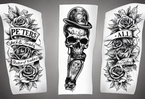men’s arm sleeve, the name Peters, jack of all trades tattoo idea