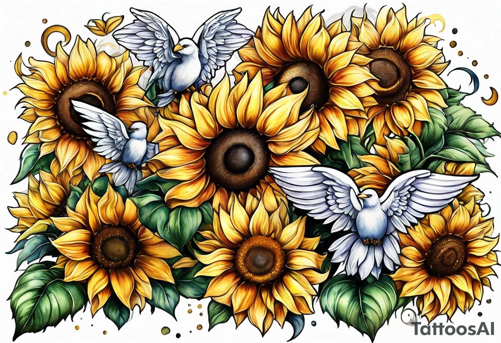 Sunflowers and angel wings leg sleeve tattoo idea