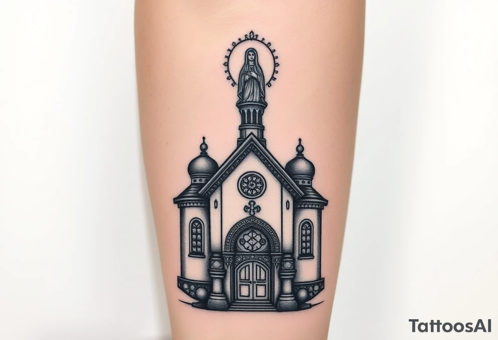 in a dorsal view a detailed orthodox church with a band at the front shrouded with a mist above and fading into a virgin mary overlooking above at the top tattoo idea