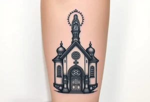 in a dorsal view a detailed orthodox church with a band at the front shrouded with a mist above and fading into a virgin mary overlooking above at the top tattoo idea