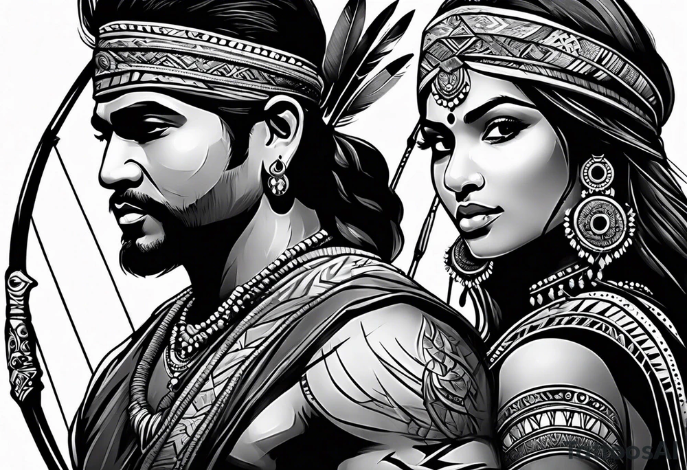 tribal indian couple with bow and arrow and spear tattoo idea