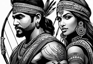 tribal indian couple with bow and arrow and spear tattoo idea