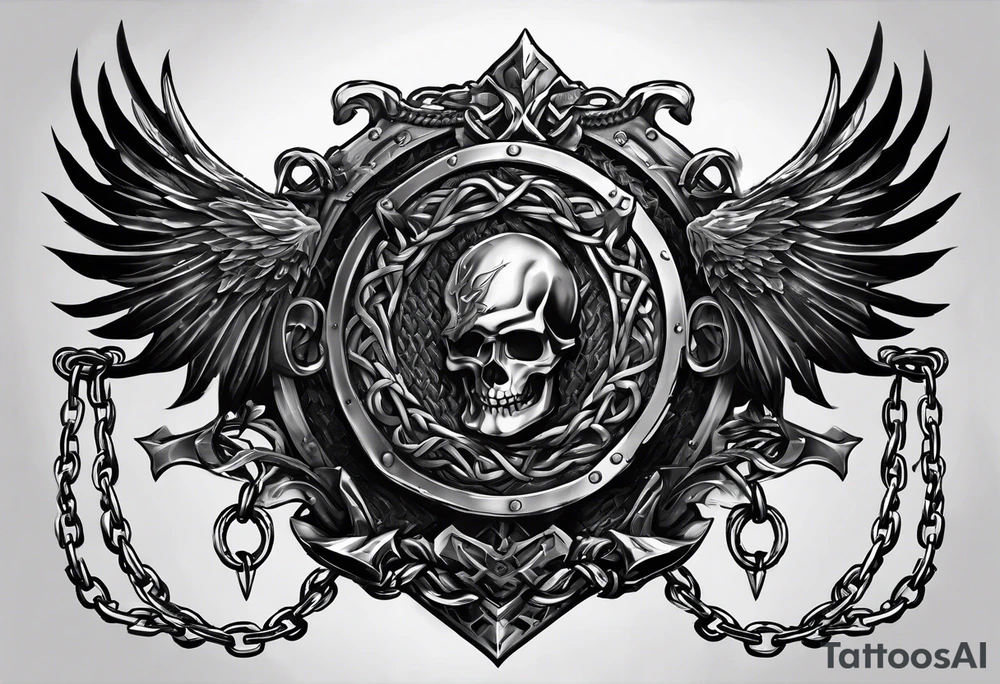 Valhalla sword shield axe barbed wire chains dark cloud tattoo idea