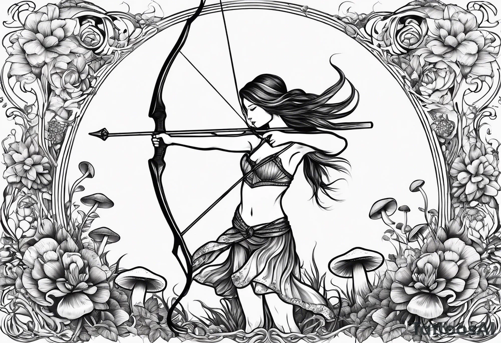 Recurve bow and arrow, mushrooms, fairies tattoo idea