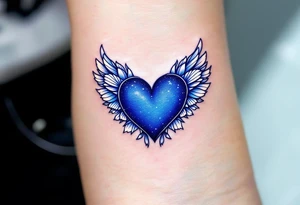 Ocean Heart with Seashell Wings – A deep blue heart, surrounded by seashell-adorned wings, symbolizing love that is fluid, deep, and eternal like the ocean. tattoo idea