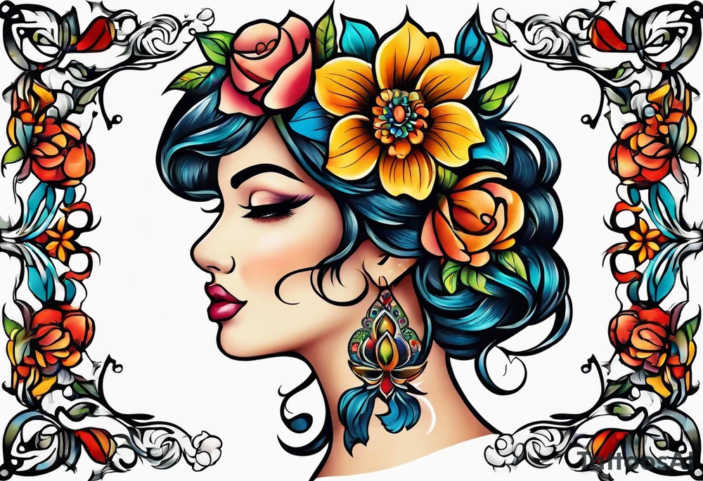 vintage colorful floral print tattoo idea