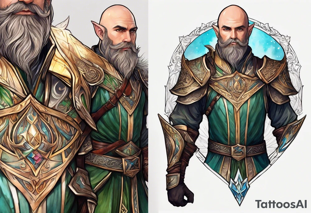 a full-body picture of a human elf, bearded bald male, paladin, on my left forearm tattoo idea