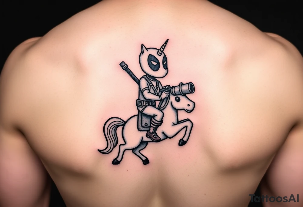Deadpool riding cartoon unicorn holding rocket propelled grenade launcher tattoo idea