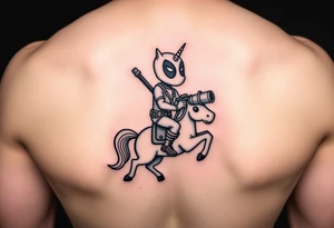 Deadpool riding cartoon unicorn holding rocket propelled grenade launcher tattoo idea
