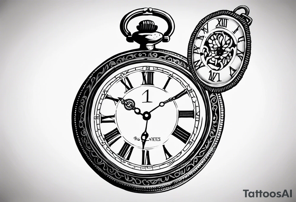 An old pocket watch with chains. The Roman numerals showing the time one thirtyseven. The lid of the watch must have the zodiac sign Aries engraved on it tattoo idea