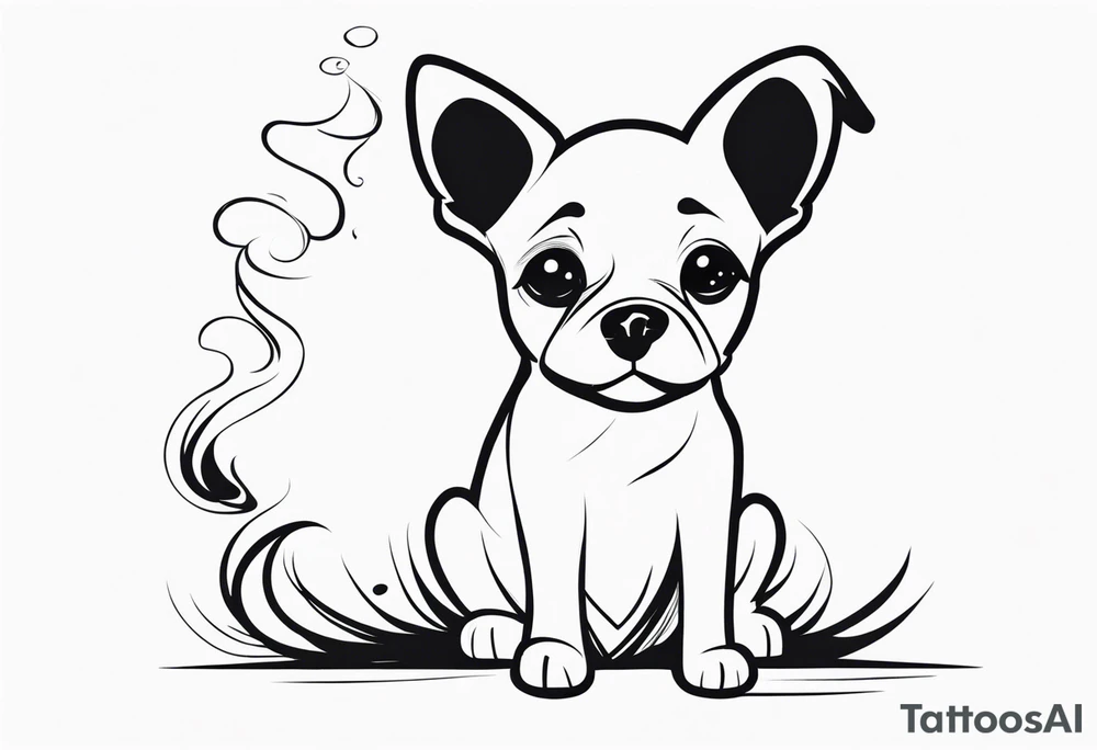 A sketch of a cute dog with large, sad eyes, sitting and smoking a cigarette, with smoke swirling around its head tattoo idea