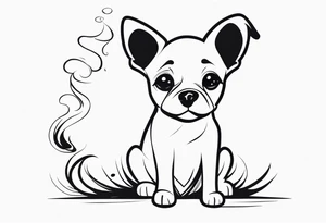 A sketch of a cute dog with large, sad eyes, sitting and smoking a cigarette, with smoke swirling around its head tattoo idea