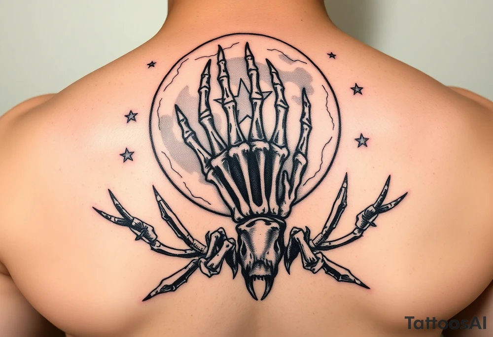 zodiac cancer skeletal hand snile with fangs on a fyull blood dead
y moon surrounded by dead quids
 and a hellishly starry sky tattoo idea