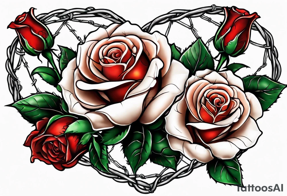 Three roses with barbed wire wrapped around them and a broken heart tattoo idea
