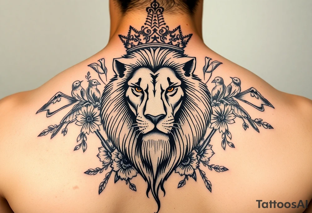 powerful majestic lion with a crown, surrounded by floral ornaments and birds tattoo idea