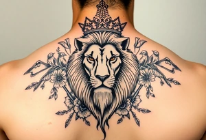powerful majestic lion with a crown, surrounded by floral ornaments and birds tattoo idea