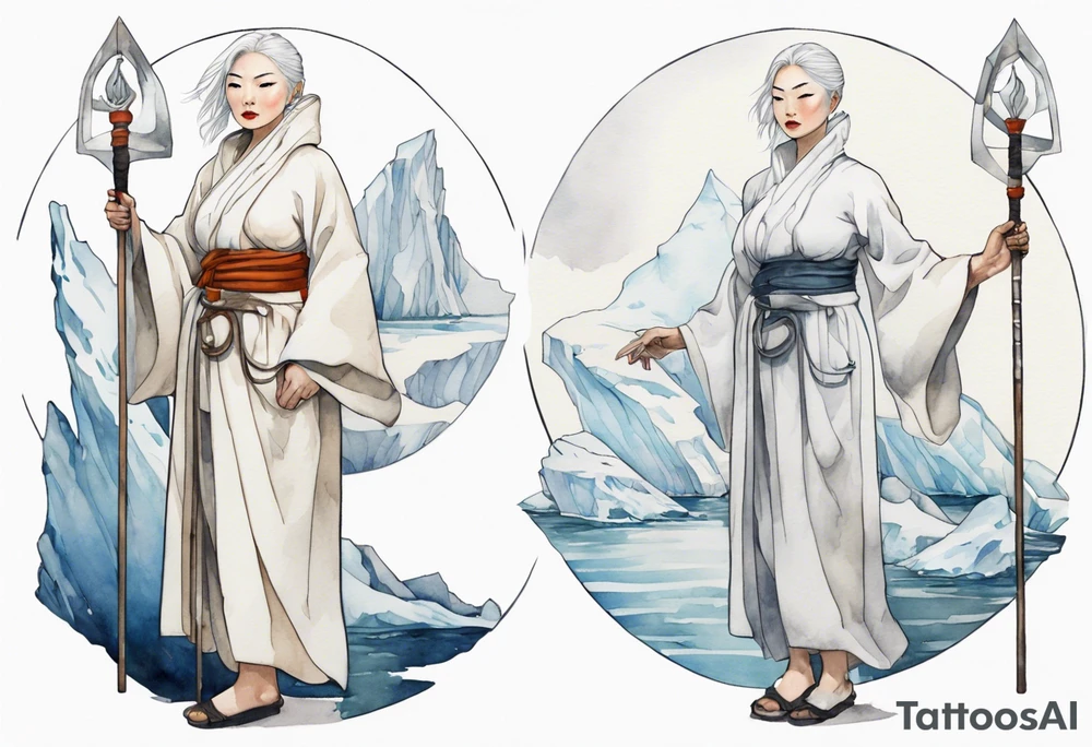 a 40 year old Inuit woman with white hair and a white robe holding a silver and white staff, standing on an iceberg tattoo idea