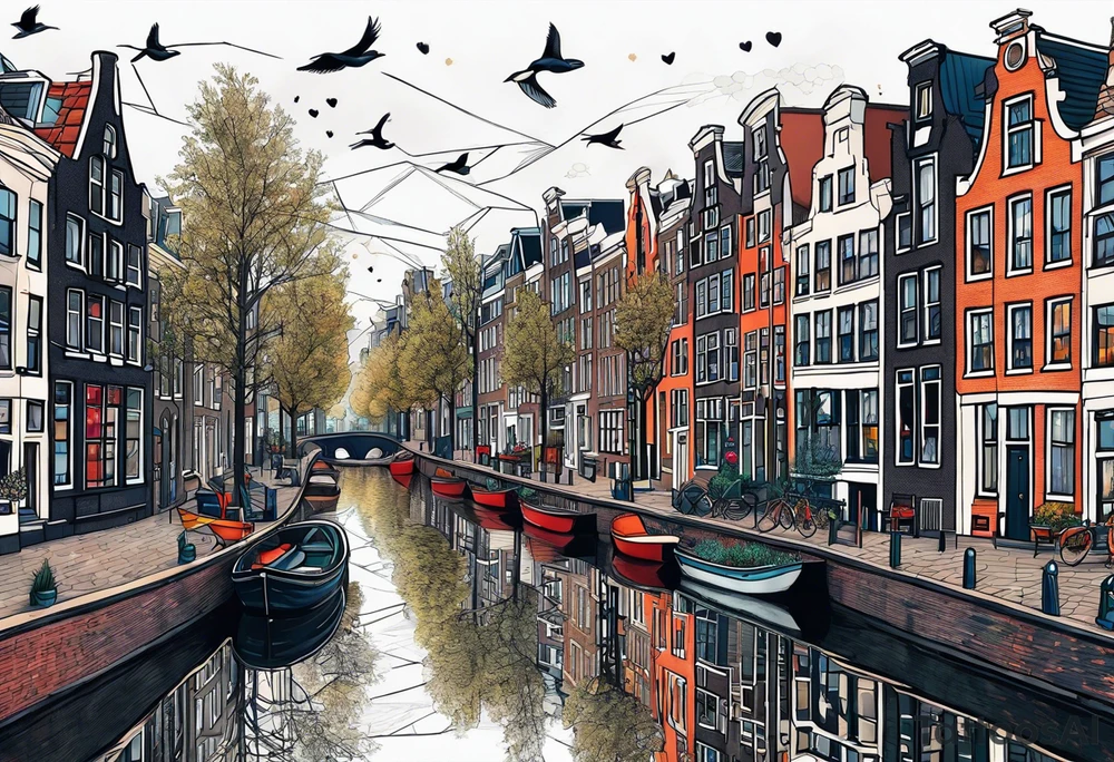 arm tattoo of stags and birds in Amsterdam canal featuring Amsterdam houses in space tattoo idea