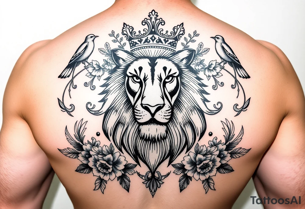 powerful majestic lion with a crown, surrounded by floral ornaments and birds tattoo idea