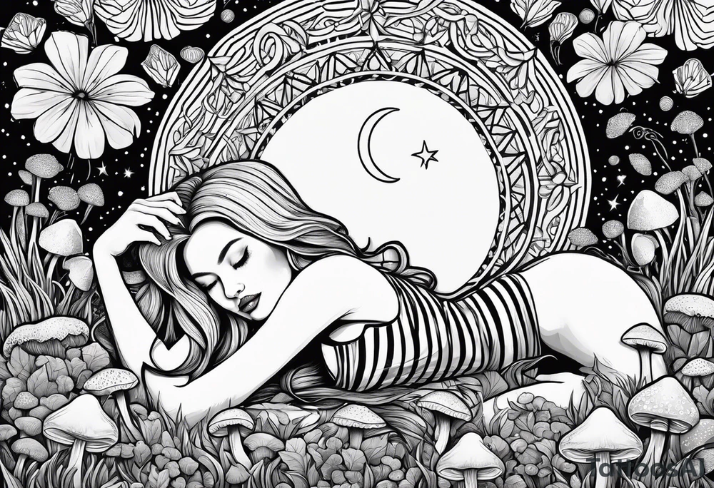 Straight blonde hair girl in black and white striped dress sleeping in a field of mushrooms with mountains s
and crescent moon mandala background tattoo idea