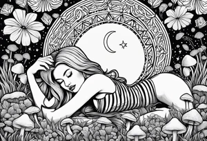 Straight blonde hair girl in black and white striped dress sleeping in a field of mushrooms with mountains s
and crescent moon mandala background tattoo idea