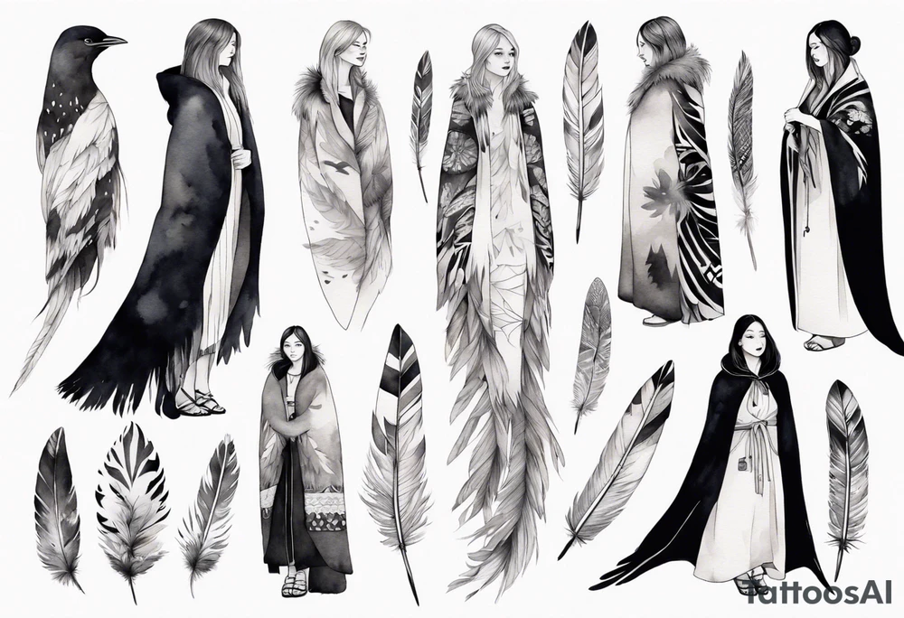 a beautiful Scandinavian woman with a feathered cloak tattoo idea