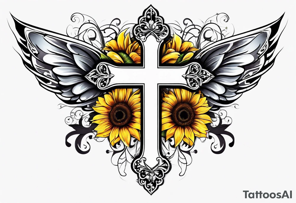 Winged cross with sunflower and butterflies tattoo idea