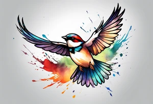 Colorful sparrow in flight tattoo idea