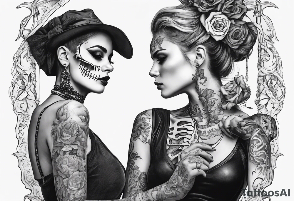 A skeleton and woman together With a quote tattoo idea
