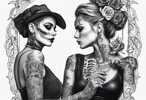 A skeleton and woman together With a quote tattoo idea
