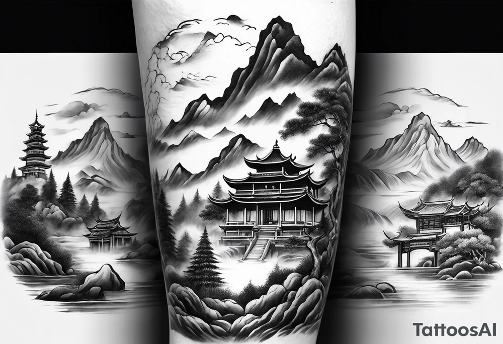 forearm sleeve traditional chinese art painting style autumn mountains mist fog water Chinese temple two monks wearing robes tattoo idea