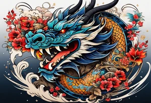 The name Nakama painted in Japanese, with Japanes dragon intertwined, flying through the empty spaces of the paint strokes tattoo idea