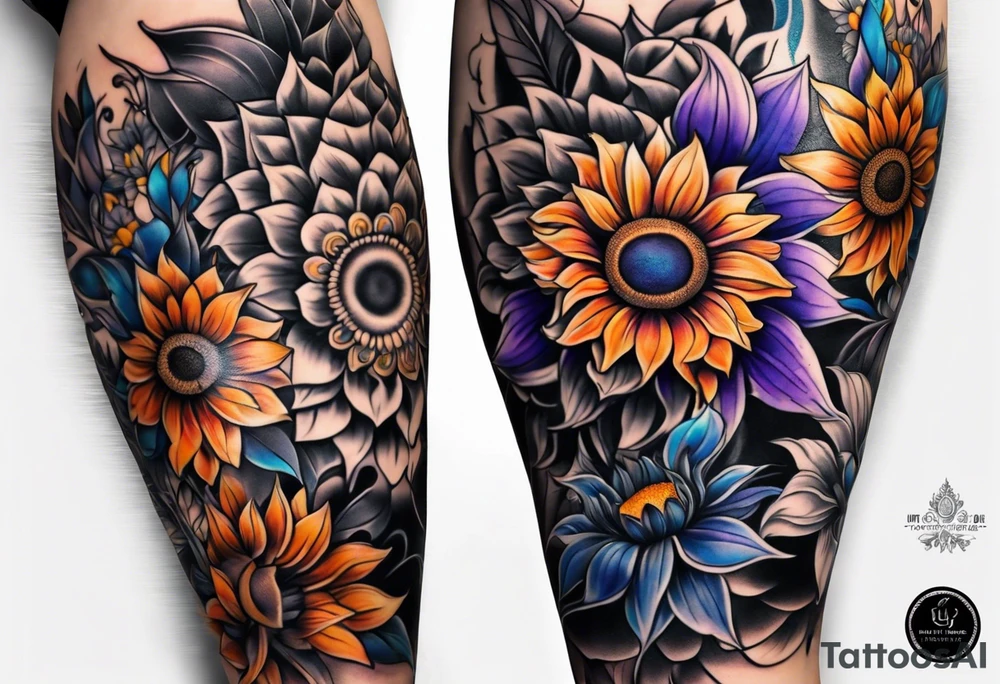 Full leg sleeve with purple, orange and blue sunflowers tattoo idea