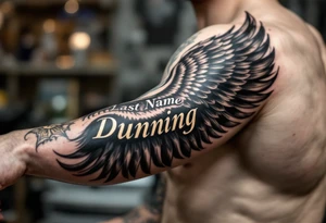 Last name Dunning on left arm,details include bold strong font, faint gold highlights, theme of wealth,angel wing tattoo idea