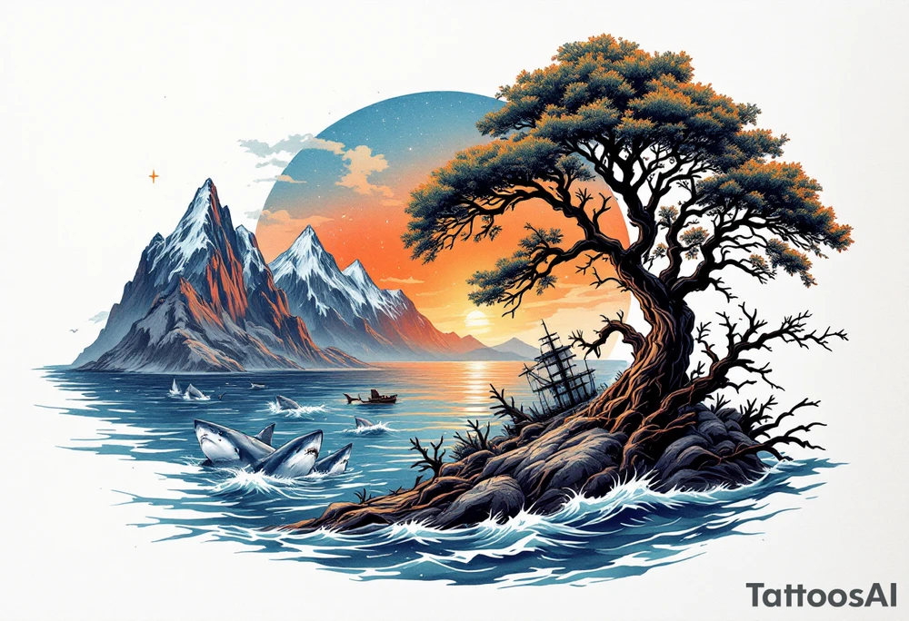 tattoo that has an acacia tree with mountains, ocean with a ship wreck with sharks and the northern star tattoo idea